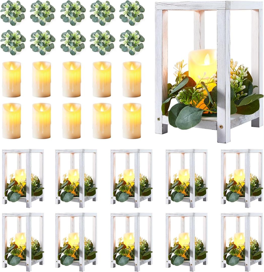 Neoflavie10 Set 30 Pcs Wooden Wedding Lantern Centerpiece,Include 10 Wooden Candle Holders 10 LED Candles 10 Eucalyptus Leaves Wreath for Rustic Table Decoration,Country Barn Wedding,Party-Retro White