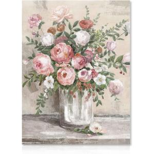 Dazzlewall Vintage Floral Canvas Wall Art Farmhouse Still Life Posters Rustic Pink and White Flower Vase Prints Botanical Oil Painting for Bathroom Bedroom Living Room 12x16in Unframed