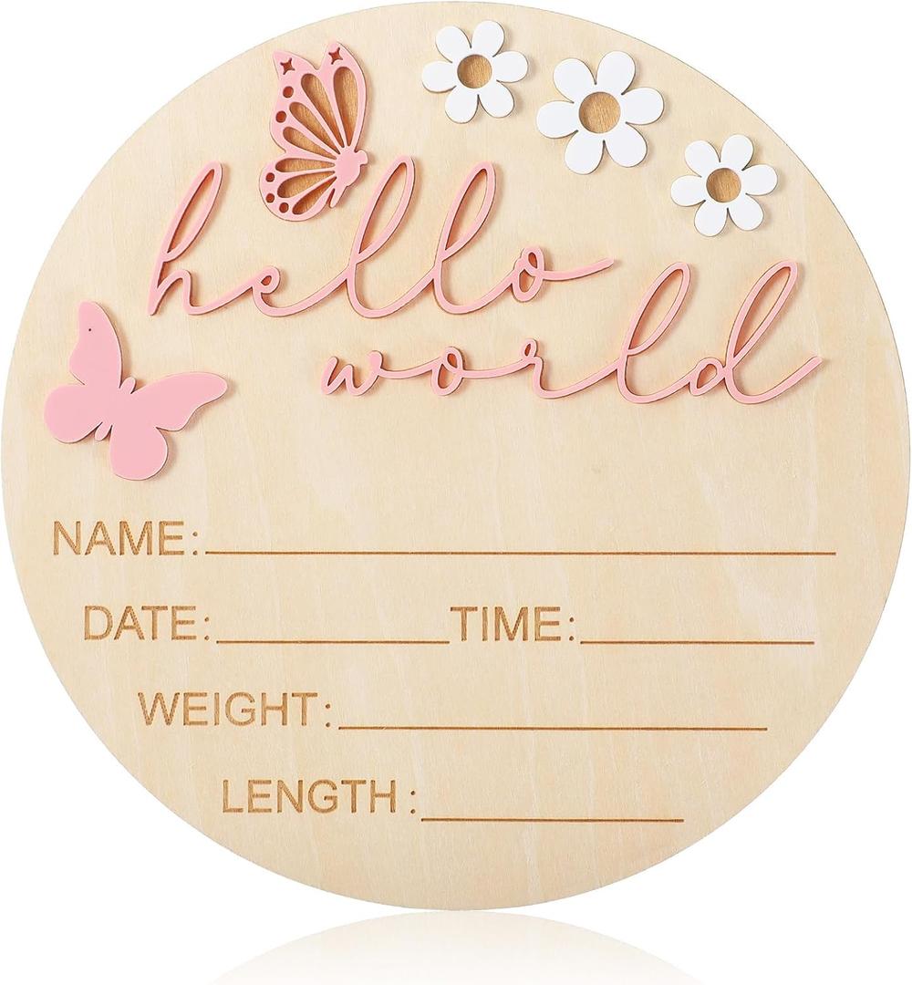 Hello World Newborn Sign, 5.9 Inch Wooden Baby Announcement Sign Pink Butterfly Style Birth Welcome Board for Newborn Boys Girls Photo Props Baby Shower Hospital Nursery (Pink)