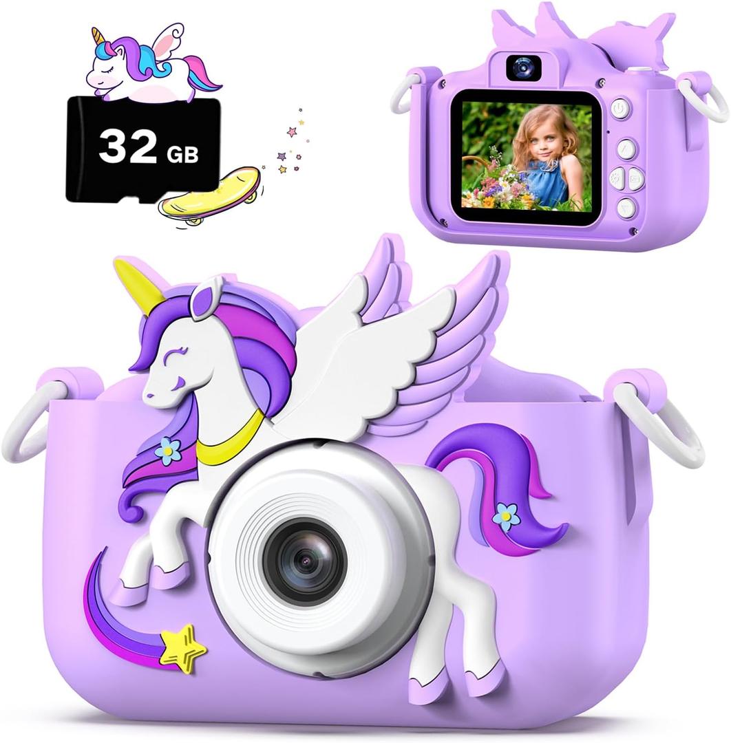 Upgrade Kids Camera for Boys Girls, Toddler Digital Selfie Camera with Cute Protective Cover and 32G SD Card, Christmas Birthday Gifts Toys for 3 4 5 6 7 8 9 10 11 12 Years Old Little Girls and Boys (Purple)