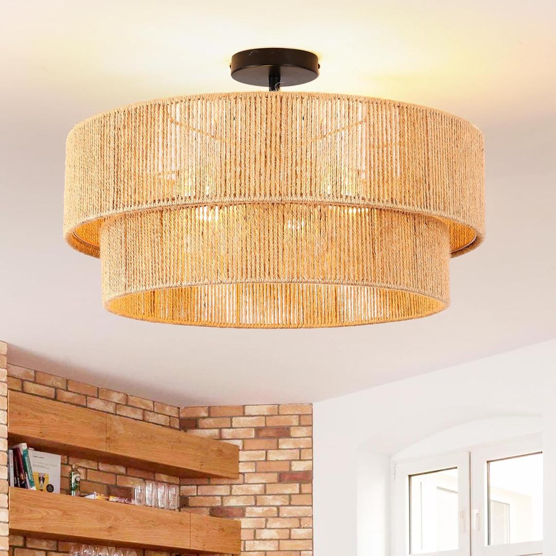 20" Boho Semi Flush Mount Ceiling Light Rattan Light Fixture