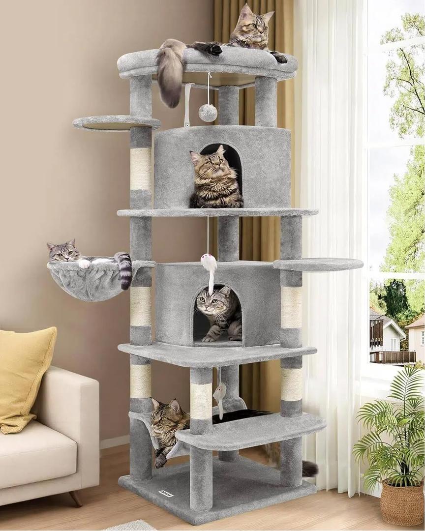 Globlazer Corner Cat Tree for Large Cats, 66inch Tall Curved Series Large Cat Tower for Multiple Indoor Cats with 6 Scratching Posts, 2 Spacious Cat Condos, Hammock, Hanging Basket, C66, Light Grey