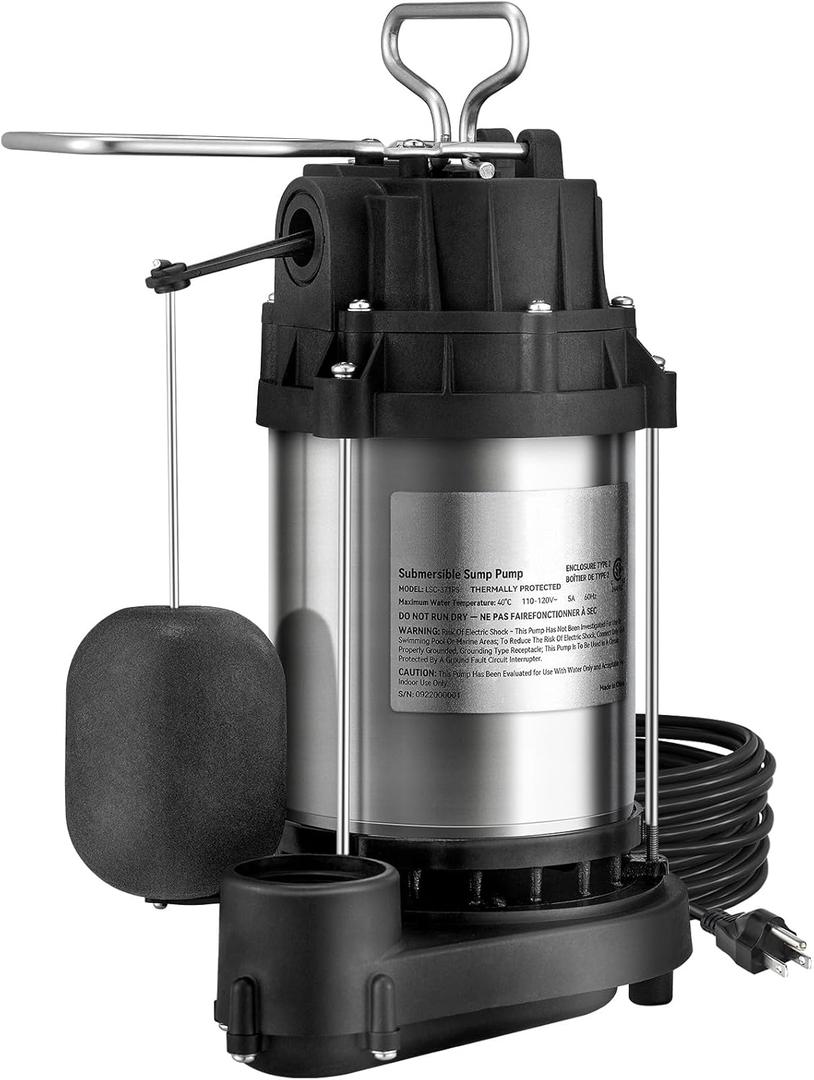 VEVOR 1/2 HP Sump Pump Submersible, Sump Pump with Stainless Steel Surface, 10 ft Power Cord, 1-1/2" NPT Discharge, Automatic Float Switch, for Indoor&Outdoor Water Drain