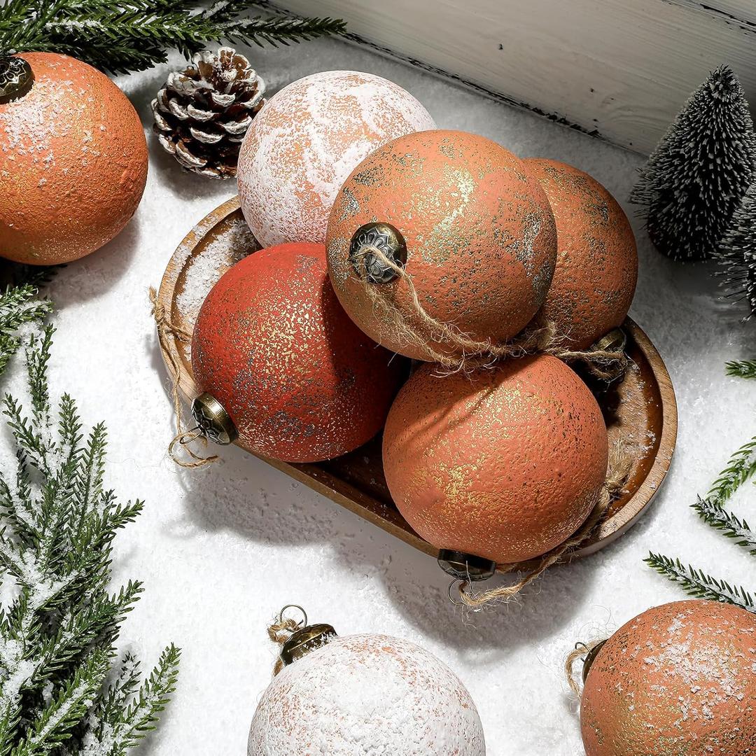 12 Pcs 3.15'' Large Rustic Vintage Neutral Textured Farmhouse Brown 2025 Christmas Ornaments Ball for Christmas Tree Decor, Boho Orange Copper Hanging Xmas Ornaments Shatterproof Ball for Home Decor