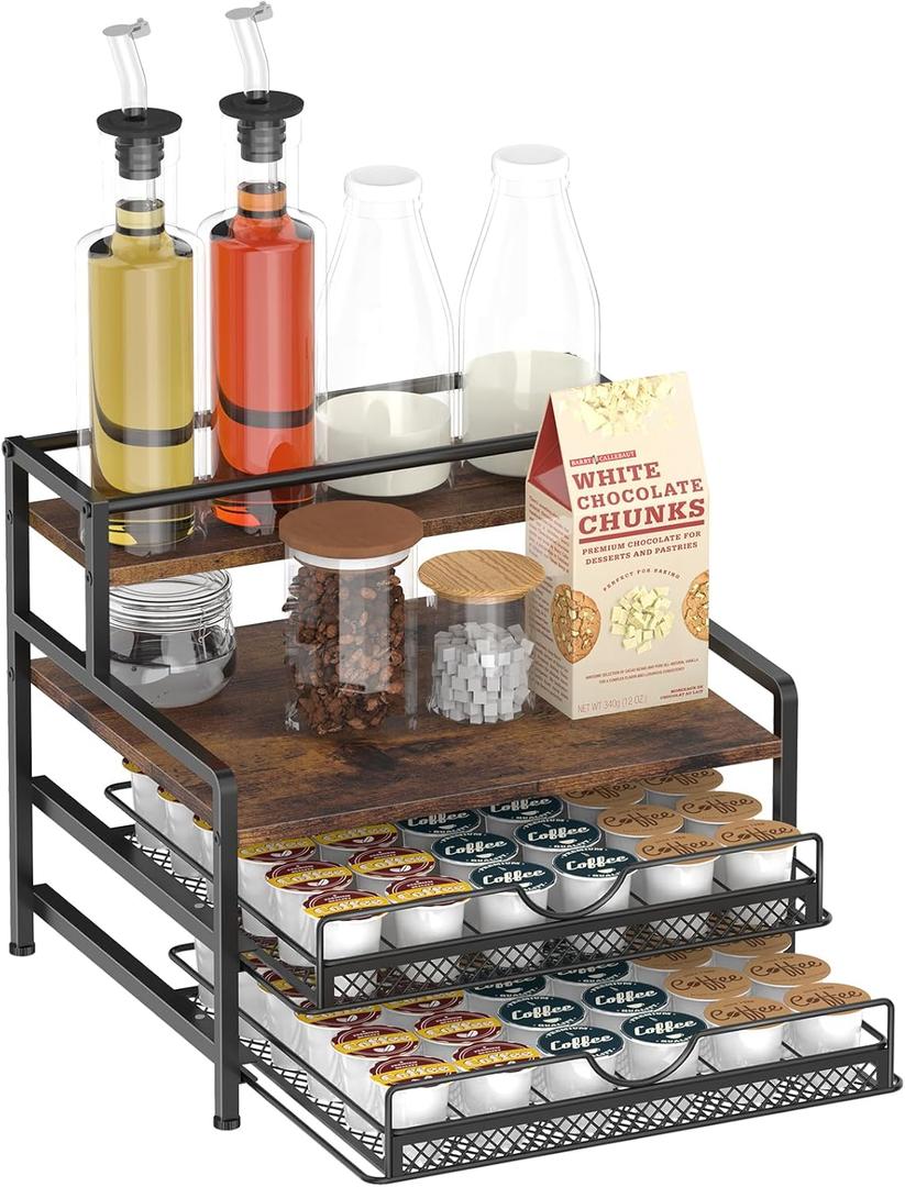 Coffee Bar Organizer, Coffee Pod Organizer,3 Tier Coffee Syrup Rack Organizer,72 K Cup Storage for Counter Storing K Cup,Coffee Syrups, Coffee Makers and Other Coffee Supplies-Rustic Brown