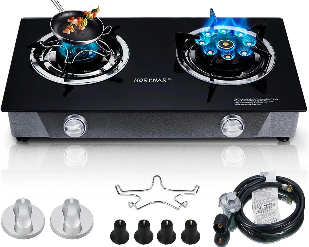 Horynar Propane Stove 2 Burner Gas Stove Novel 9 Copper Propane Burners Auto Ignition Tempered Glass with LPG CSA Hose for Outdoor Cooking,Emergency, Large