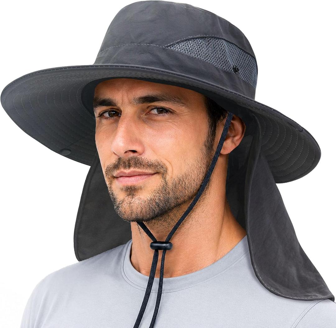 PFFY Sun Bucket Hats for Men Women Fishing Hat UV Protection Wide Brim Beach Safari Hat with Neck Flap (Black)