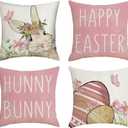 Happy Easter Throw Pillow Covers 18x18 Set of 4, Pink Pillow Cases for Sofa, Spring Eggs Bunny Decorative Pillow Covers, Easter Polyester Linen Cushion Covers for Couch Sofa Outdoor Patio Decor