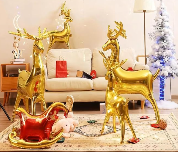 Christmas Balloons, 5 Pcs Christmas Foil Balloons Large Reindeer Balloon Santa's Sleigh Mylar Balloons for Holiday, 4D Elk Set, Inflatable Standing Reindeer for Xmas New Year Party Decorations