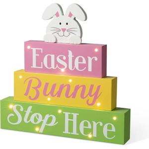 Glitzhome LED Lighted Wooden Easter Block Table Sign Easter Bunny Table Decor with Saying for Spring Easter Party Supplies Props