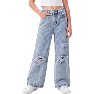 PATPAT Girls Ripped Jeans 13-14Y, Elastic Mid-Waist Baggy Wide Leg Denim Pants, Y2K Streetwear, Trendy Clothes for Teens Light Blue