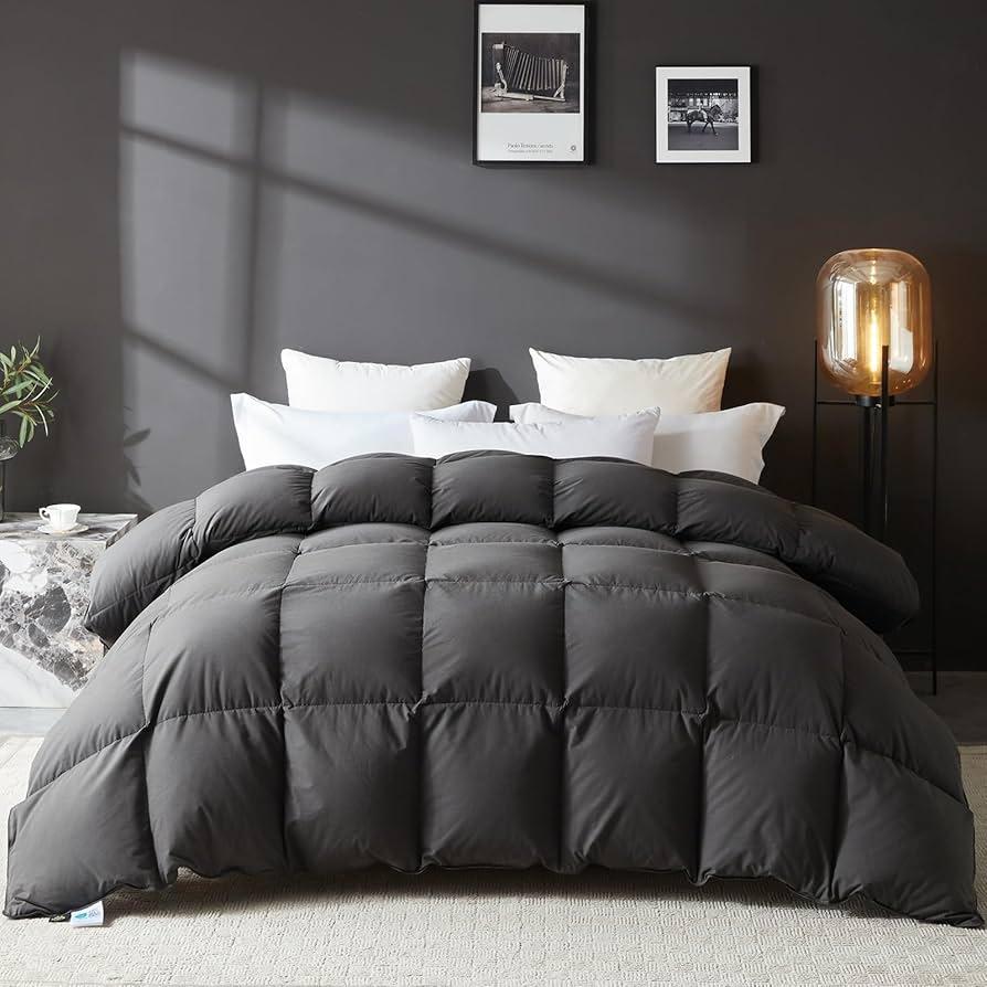 L LOVSOUL Goose Feather Down Fiber Comforter , 100% Organic Cotton Fabric Duvet Insert,1200TC,750+FP, Hotel Collection, All Season Grey Bedding Comforters with 8 Tabs,84oz