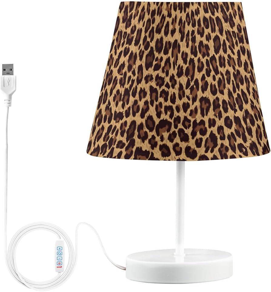 Animal Leopard Print 3 Colors Dimmable LED Table Lamp with USB Port,10.8" Linen Shade Bedside Nightstand Decor Night Light for Home Living Room Desk Cafe