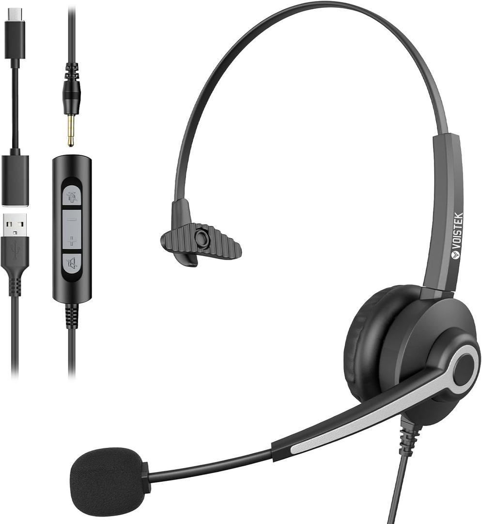Voistek USB Mono Headset with Noise Cancelling Microphone for Call Center & Office Communication, Single-Ear Wired Headset with USB-A/C Sound Card for Customer Service and Dispatch Work