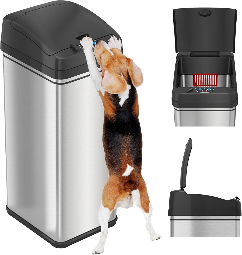 iTouchless 50 Liter / 13 Gallon Sensor 2.0 Dog-Proof Kitchen Trash Can with Lid Lock and AbsorbX Odor Filter, Touchless Lid, Stainless Steel Garbage Recycling Bin for Kitchen, Home, Office, Business