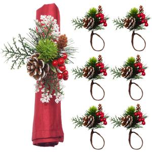 Utalek Christmas Napkin Rings Set of 6 Pine Cone Napkin Rings Holders with Berries Xmas Serviette Buckle Holder for Christmas, Dinner, Parties,Wedding, Holiday Dining Table Decor