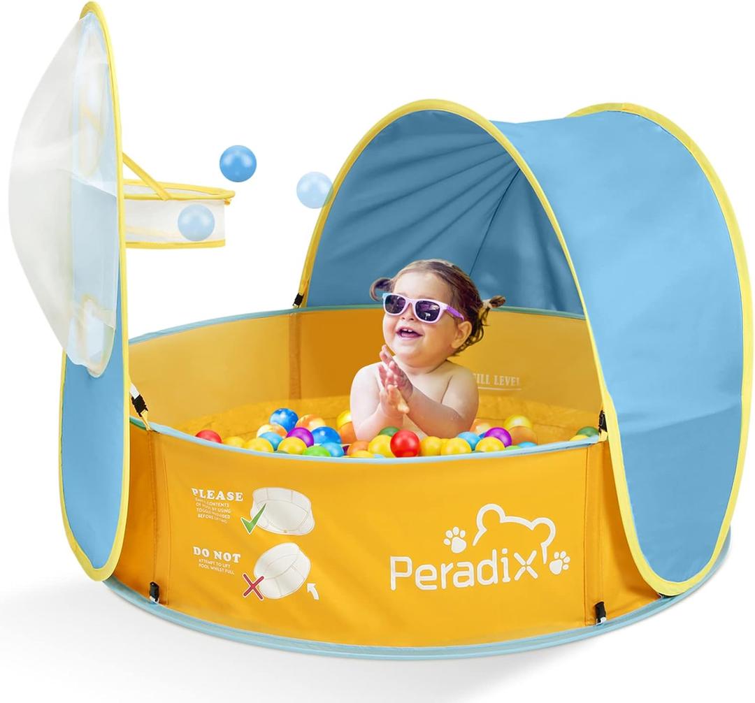 Peradix Paddling Pool for Kids & Pets, Kids Ball Pit Tent 3 in 1, Pop Up Wading Pool Tent with UV Protection Sunshade Canopy Basketball Hoop, Portable Beach Backyard Toys for Indoor Outdoor Activity, 37in * 30in * 15in