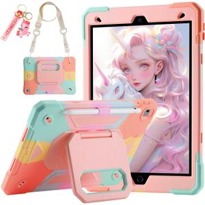 for iPad 9th/ 8th/ 7th Generation Case (iPad 10.2 inch Shockproof Case) with 360 Rotating Grip Magic Stand, Pencil Holder/Keychain/Carrying Shoulder Strap, for iPad 10.2 inch Girls (Colourful)