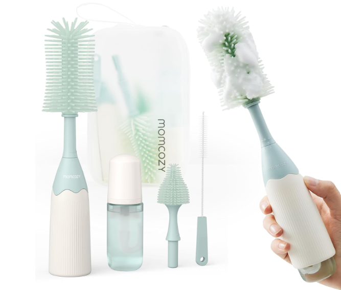 Momcozy Bottle Brush Kit with Push-Press Foam Design - Newborn Essentials Gift, Portable Cleaning Tool for Home & Travel, Baby Bottle Cleaner Brush for Breast Pumps & Nipples, Green