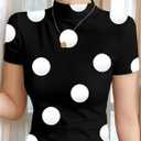 SHENHE Women's Mock Neck Short Sleeve Tee Shirt Polka Dots Slim Fitted Stretch Going Out Top (Black, L)