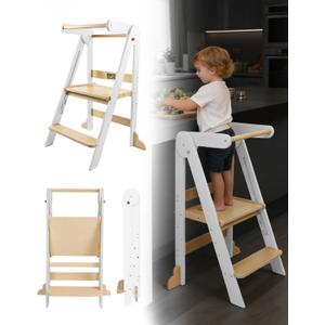 Foldable Toddler Tower - Space-Saving Folding Step Stool for Kitchen Counter, Step Stool Foldable Design, Wooden Kitchen Step Stool for Kids, White