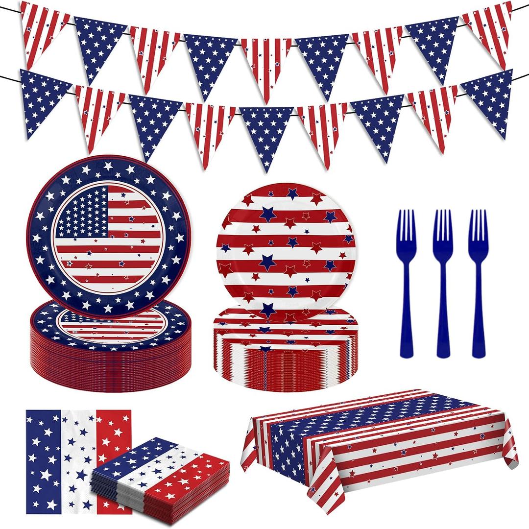 102Pcs 4th of July 250th Anniversary Patriotic Party Supplies Set, American Flag Themed Disposable Decorations with Paper Plates Napkins Forks for Independence Memorial Day Veterans Day Serves 25