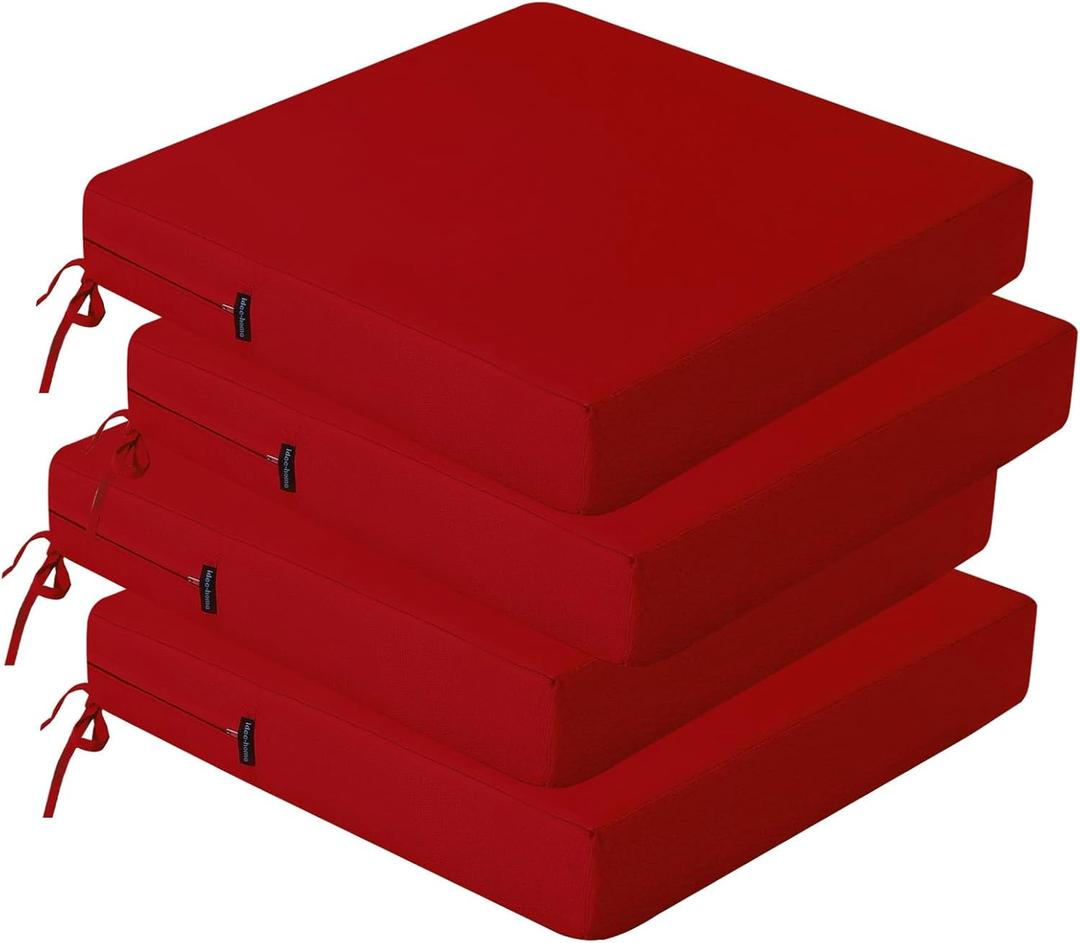 Outdoor Chair Cushions Set of 4, Waterproof Outdoor Seat Cushions | Patio Furniture Outside Replacement Chair Pad with Ties for Lawn Deck Porch 19 x 19 Red