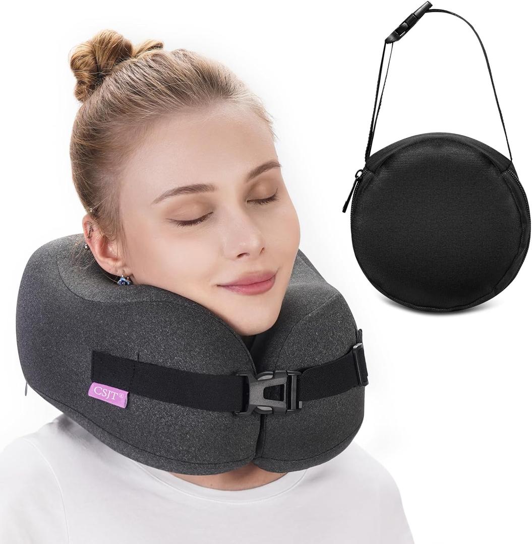 Travel Pillow Vac Compressed Memory Foam Neck Pillow Airplane,Comfortable,Neck Support,Machine Washable,Airplanes Travel Essentials Accessories for Office,Flight,Cars Breaks Sleeping(Black)