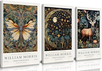 3pcs William Morris Wall Art Vintage Moon and Stars Canvas Wall Decor Butterfly Pictures Prints Poster Gallery Famous Artwork Nature Animal Flower for Bedroom Living Room Office Home 12x16inx3 Framed