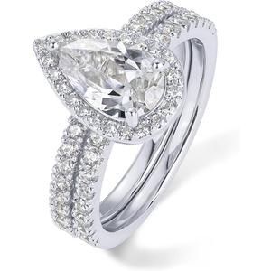 PAVOI Rhodium Plated Pear Cubic Zirconia Engagement Ring Set for Women | Bridal Eternity Promise Jewelry | Fake Wedding Ring | Size 10, White Gold, Cubic Zirconia
