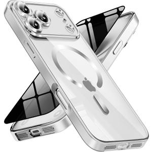 Magnetic for iPhone 17 Pro Max Case with Privacy Screen Protector & Full Camera Cover,[Non-Yellowing] Shockproof Clear Phone Case Compatible with MagSafe Women Girls for iPhone 17 ProMax, Silver