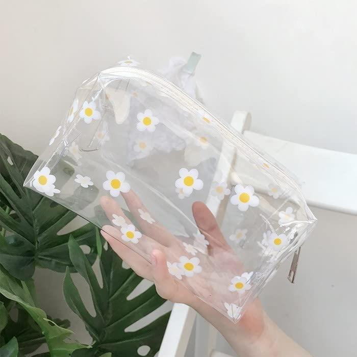 Clear Floral Makeup Bags, PVC Cosmetic Bags Cute Makeup Pouch Coquette Cosmetic Bag Clear Small Cosmetic Pouch Aesthetic Flower Make up Bag for Women, 2 Pack