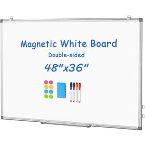 WALGLASS Large White Board Dry Erase for Wall, 48'' x 36'' Double-Sided Magnetic Whiteboard with Aluminium Frame, Hanging & Wall Mount for Home Office School