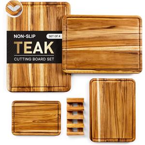4 Pack Teak Cutting Board Set for Kitchen Heavy Duty Non Toxic Non Slip Solid Thick Wood Haus Chopping Board Extra Large Big Small Meat Best Wooden Charcuterie Board, 11x16in ; 9x13im ; 8x11 in