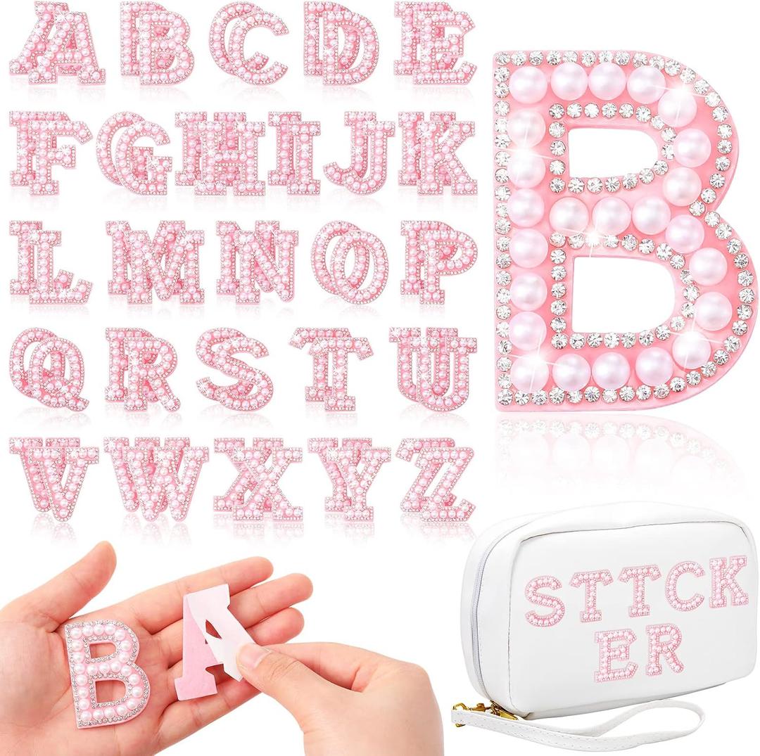 WILLBOND 52 Pieces Self Adhesive Pearl Rhinestone Letter Patches A-Z Glitter Letter Stickers Pearl Alphabet Appliques for Clothes Hat Backpack, Wedding Graduation Mother's Day DIY Crafts(Pink)