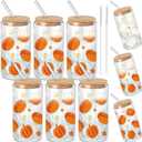 6 Pcs Thanksgiving Fall Glass Cups Gifts 16 oz Color Changing Pumpkin Glass Tumblers with Lids Straws Brushes Funny Fall Pumpkin Iced Coffee Cups for Autumn Halloween Party Gifts Supplies