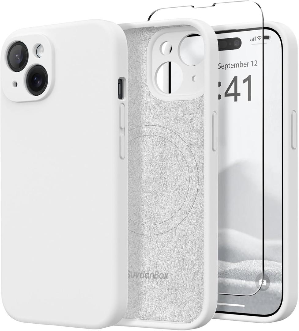 Magnetic for iPhone 15 Case, Compatible with MagSafe, [Screen Protector + Full Camera Protection], Silicone Shockproof Anti-Scratch Protective Phone Case for iPhone 15 6.1", White