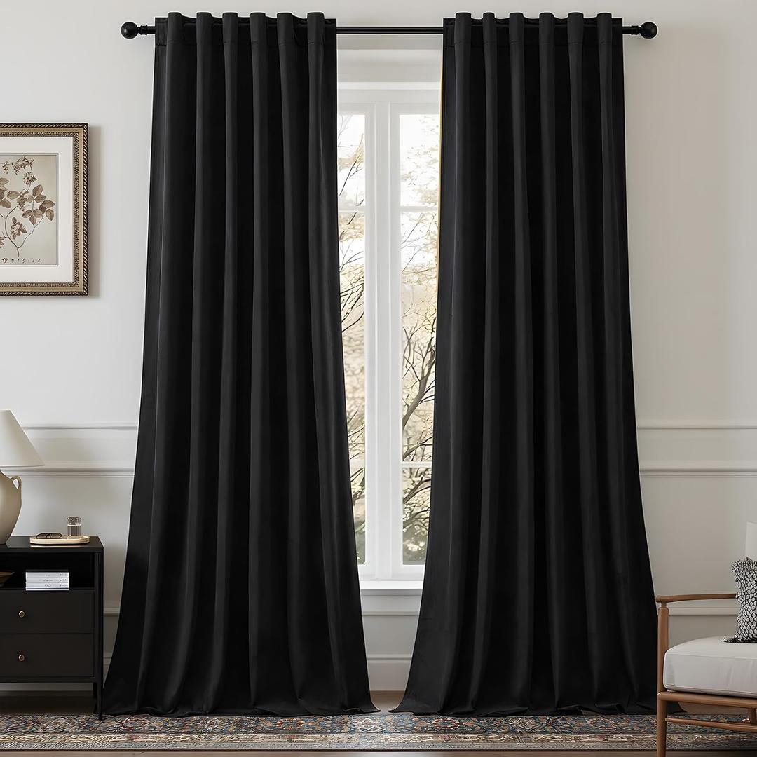 AUSSPVOCT 90 Inch Black Velvet Curtains for Bedroom, Thermal Insulated Light Reducing Blackout Drapes, Back Tab & Rod Pocket Super Soft Luxury Soundproof Curtain for Living Room, W52 x L90, 2 Panels