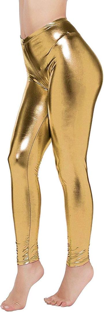 Loxdonz Women Wet Look Shiny Metallic Leggings Liquid Waist Stretch Pants (XX-Large, Gold)