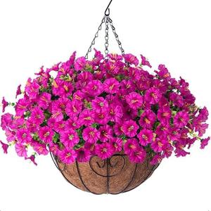 Artificial Fake Hanging Flowers Plants Baskets for Outdoor Spring Summer Decoration, Faux Silk Morning Glory in Planter UV Resistant Realistic for Home Outside Porch Patio Balcony Garden Yard