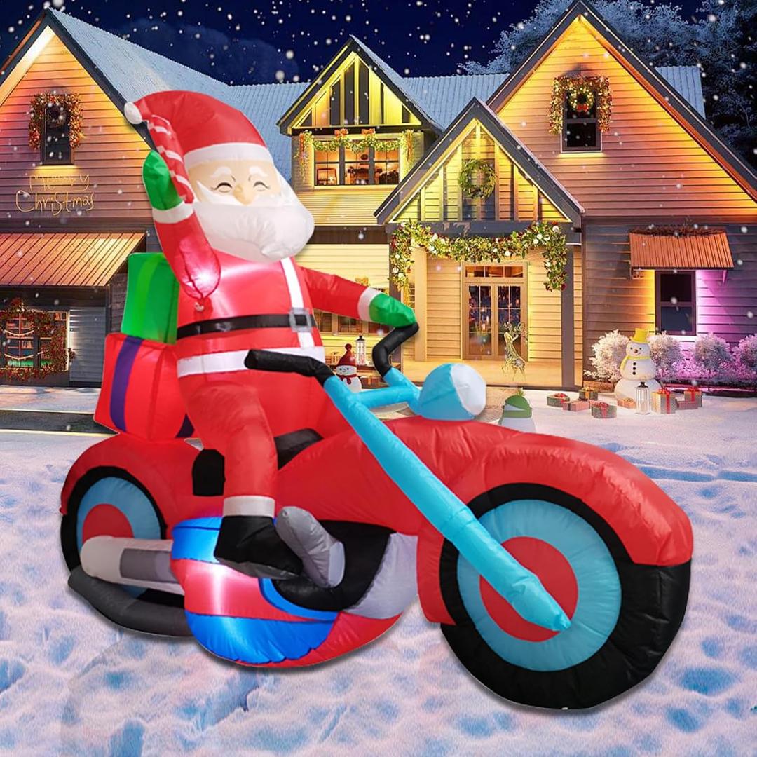 6FT Christmas Inflatable Santa Claus on Motorcycle, Blow Up Santa Motorcycle Christmas Inflatables with Bright White LED Lights, Funny Xmas Inflatables for Outdoor Yard Garden Holiday Party