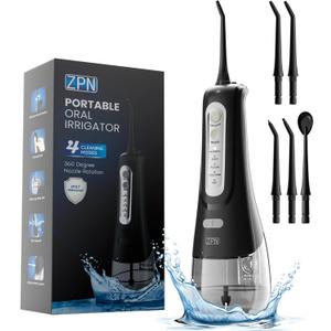 ZPN Water Dental Flosser Cordless for Teeth Cleaning，with 4 Modes Oral Irrigator, 5 Replaceable Jet Tips, Portable and Rechargeable IPX7 Waterproof Teeth Cleaner for Home and Travel (Black)