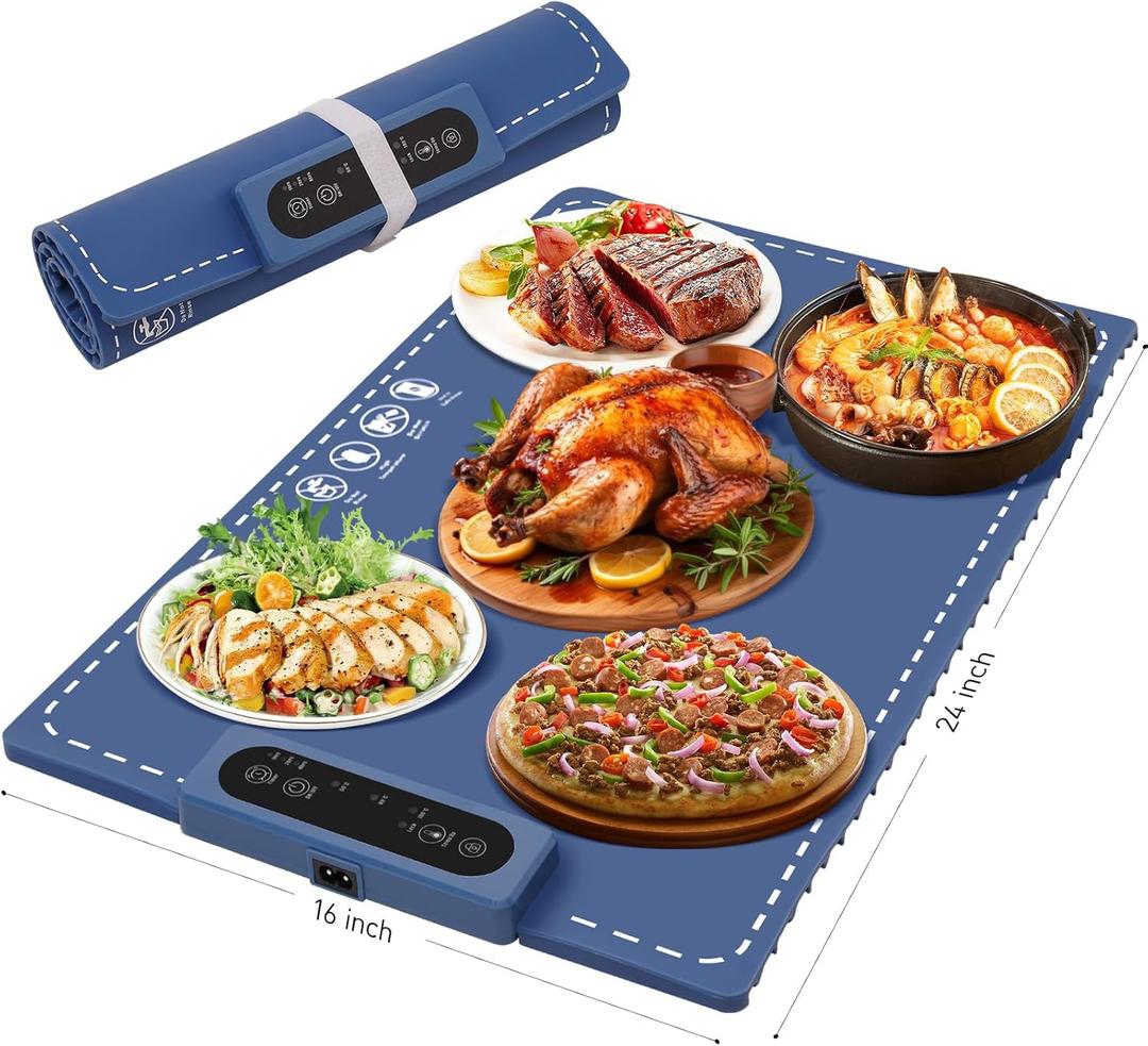 NCB-00 Electric Food Warming Mat with Full Surface Heating, Rollable & Portable, Blue, Silicone, 24x16 Inch, 60-100C (140-212F), Commercial Food Warmer