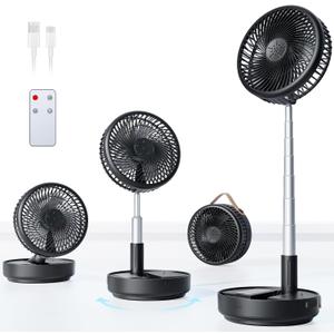 Portable Oscillating Travel Fan, 10400mAh Battery Operated Rechargeable USB Floor Table Desk Fan with Remote, 4 Speed Settings Pedestal Fan for Home Bedroom Office Camping Cruise, Black 8", Medium