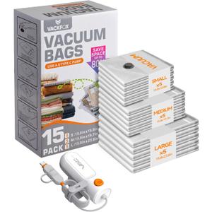 Vacuum Bags for Travel with USB & TYPE C Pump, Vacuum Seal Travel Bags, 15 Pack Carry-On Vacuum Storage Bags for Luggage & Suitcase, Space Saver for Clothes & Travel(Grey)