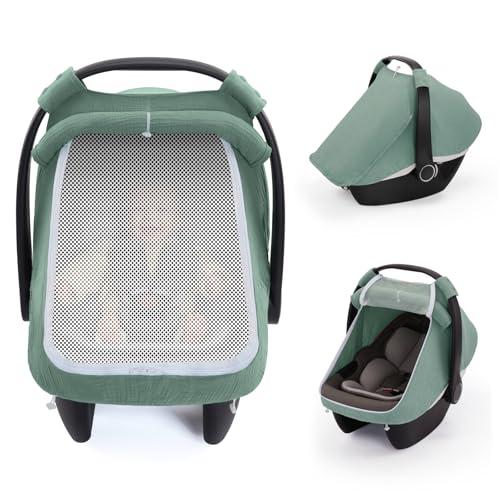Blissful Diary Baby Car Seat Cover, Extra Large Mesh Window, Breathable Muslin Cotton, Infant Windproof Canopy, Must-Have Baby Gift - Roman Green