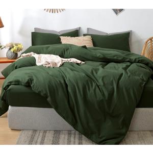 MooMee Bedding Duvet Cover Set 100% Washed Cotton Linen Like Textured Breathable Durable Soft Comfy (Solid Forest Green, Queen 90"x90")