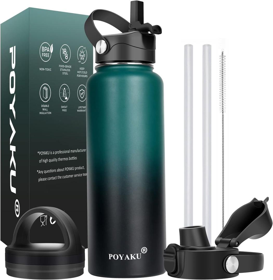 Water Bottle Insulated 32oz 40oz 64oz 128oz Straw Lid Spout Lid & 3 Lids, Leak Proof, Vacuum Insulated,Stainless Steel Water Bottle Wide Mouth for Sports, Gym or Office (Indigo Crush)