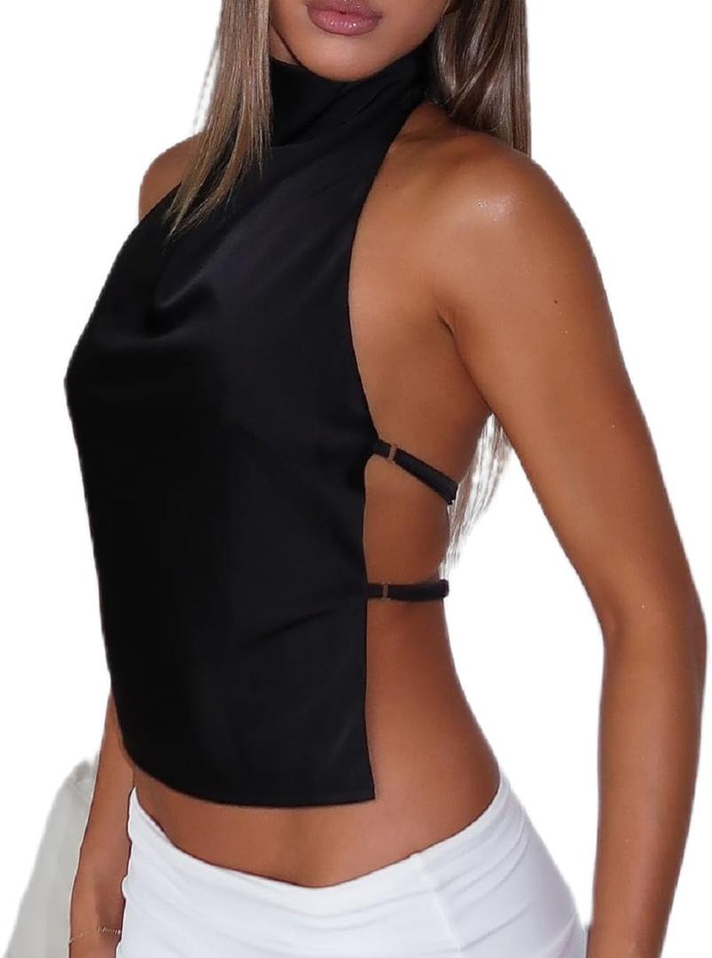Women Y2k Polka Dots Halter Tank Tops Cute High Mock Neck Backless Cami Sexy Open Back Camisole Going Out Tops (Black)