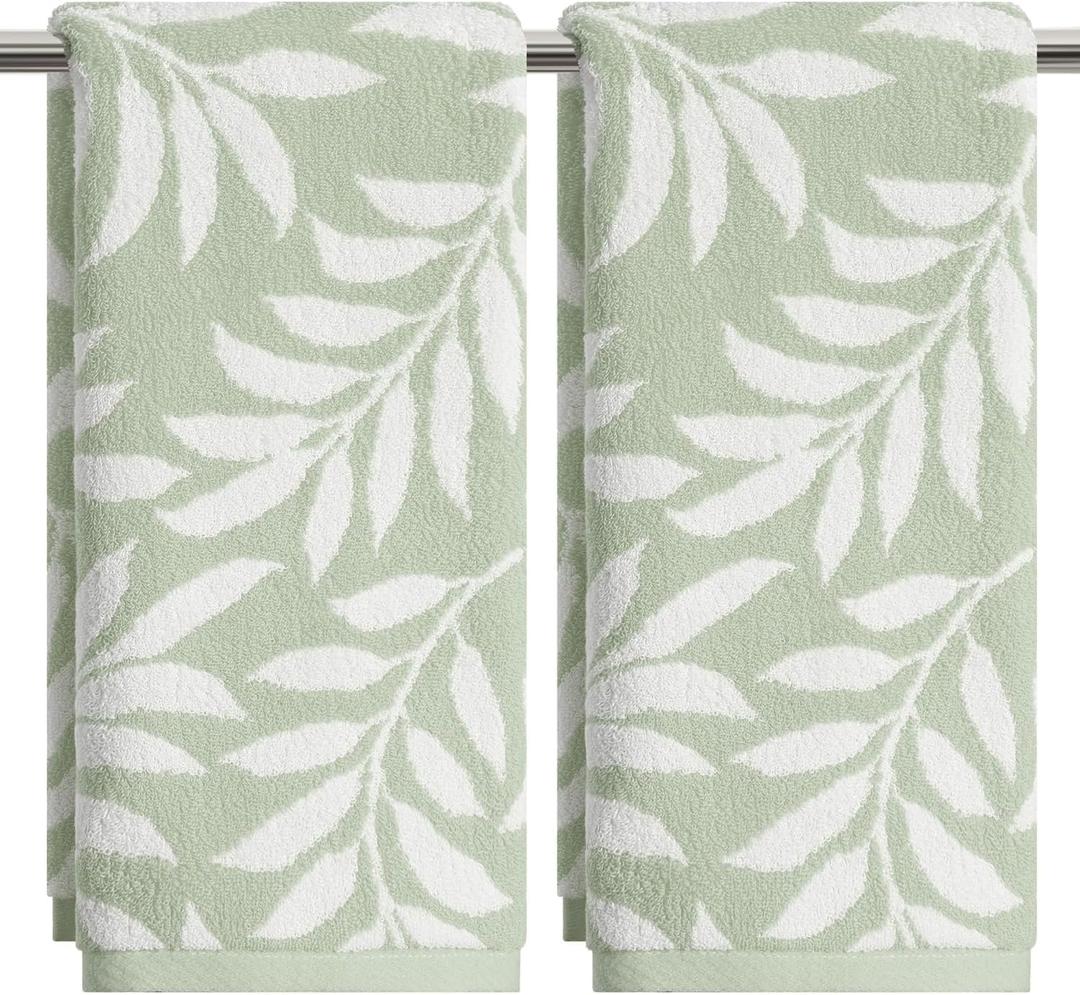 Artoid Mode 2 Pcs Beige Green Leaves Jacquard Hand Towels for Bathroom, 100% Cotton Soft Absorbent Bathroom Decor Towels, 13.7 x 29.5 Inch